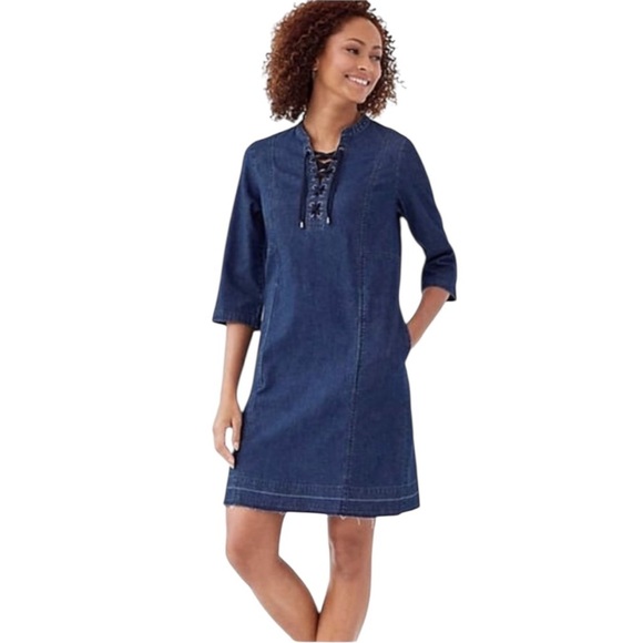 J.Jill Denim Lace Up Neckline Raw Frayed Hemline 3/4 Sleeve Cotton Dress - Picture 1 of 12